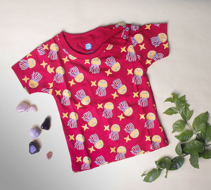 Red Cotton Kids T-Shirt with Jellyfish & Starfish Print | Soft & Comfortable Casual Wear