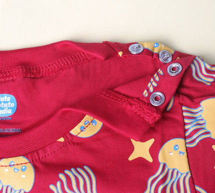 Red Cotton Kids T-Shirt with Jellyfish & Starfish Print | Soft & Comfortable Casual Wear