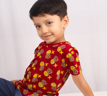 Red Cotton Kids T-Shirt with Jellyfish & Starfish Print | Soft & Comfortable Casual Wear