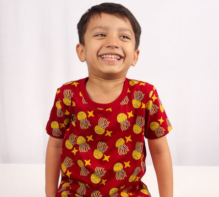 Red Cotton Kids T-Shirt with Jellyfish & Starfish Print | Soft & Comfortable Casual Wear