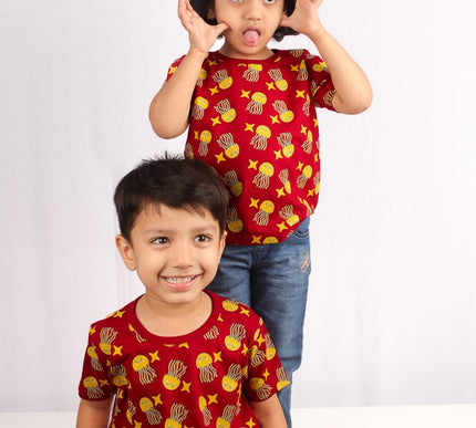 Red Cotton Kids T-Shirt with Jellyfish & Starfish Print | Soft & Comfortable Casual Wear