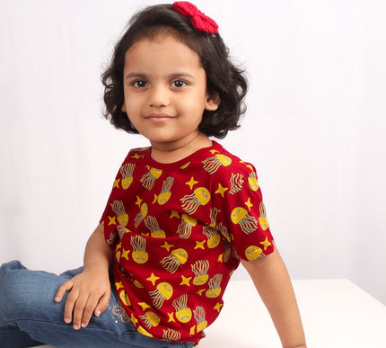 Red Cotton Girls T-Shirt with Jellyfish & Starfish Print | Soft & Comfortable Casual Wear