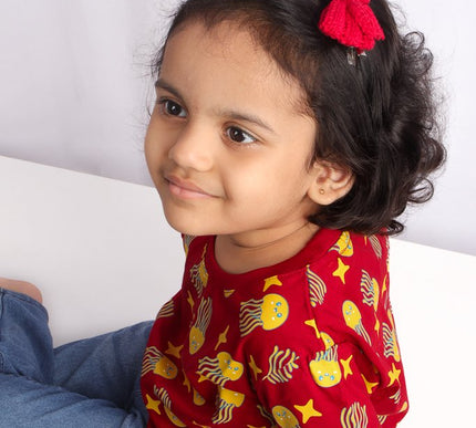 Red Cotton Girls T-Shirt with Jellyfish & Starfish Print | Soft & Comfortable Casual Wear