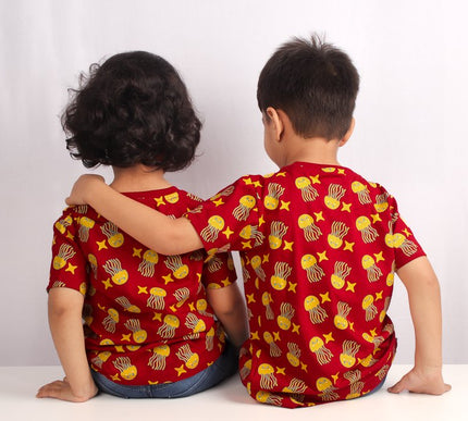 Red Cotton Kids T-Shirt with Jellyfish & Starfish Print | Soft & Comfortable Casual Wear