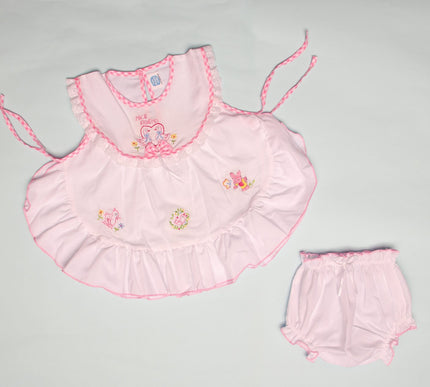 Elegant White Cotton Baby Dress with Embroidered Animals & Matching Bloomers | Shoulder Tie Frock for Baby Girls