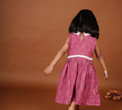 Hot Pink Ikkat Cotton Girls Frock | Sleeveless Dress with Lace Collar