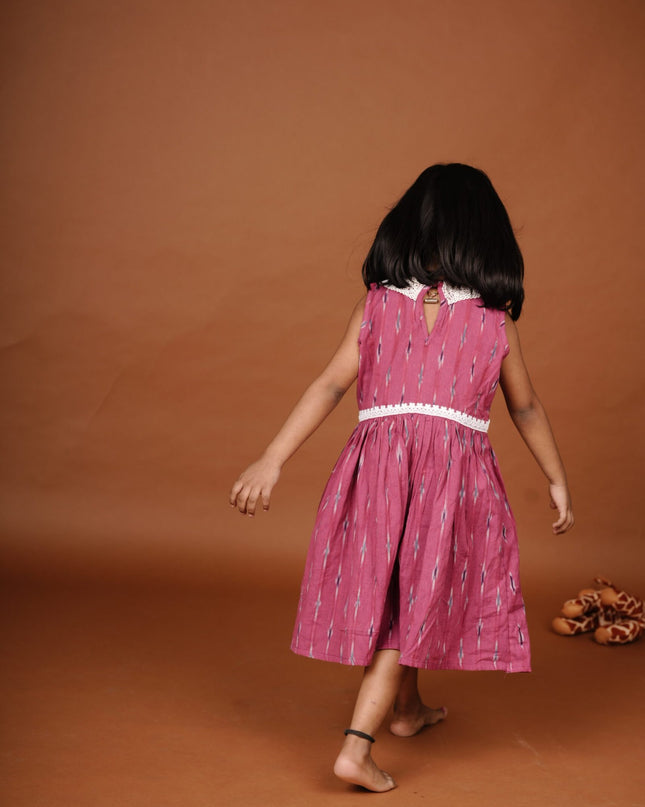 Hot Pink Ikkat Cotton Girls Frock | Sleeveless Dress with Lace Collar