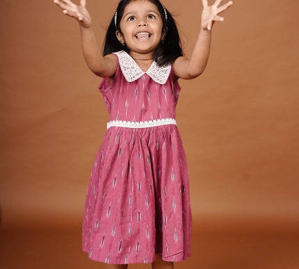 Hot Pink Ikkat Cotton Girls Frock | Sleeveless Dress with Lace Collar