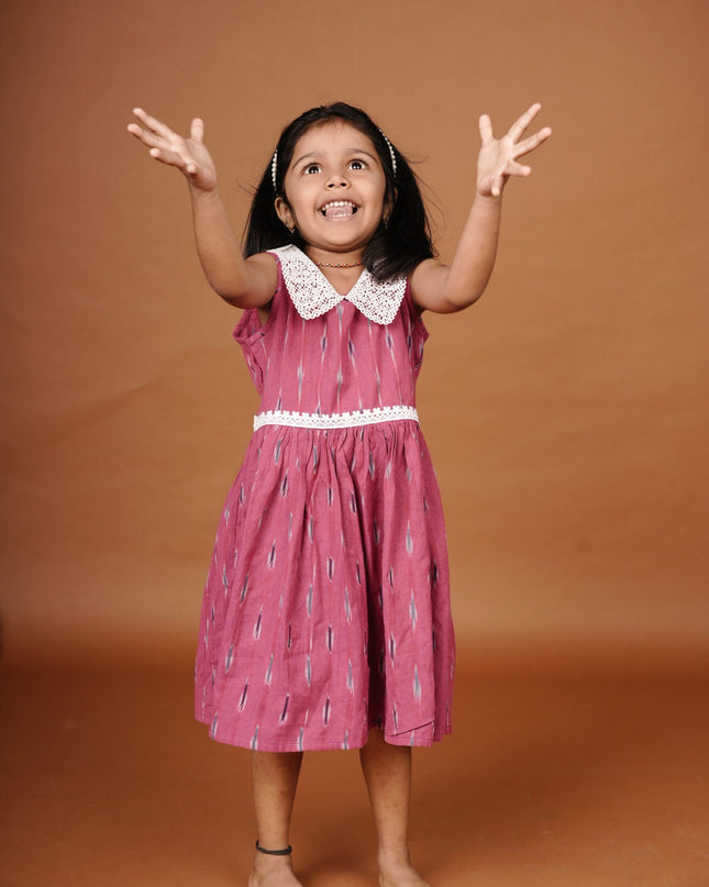 Hot Pink Ikkat Cotton Girls Frock | Sleeveless Dress with Lace Collar