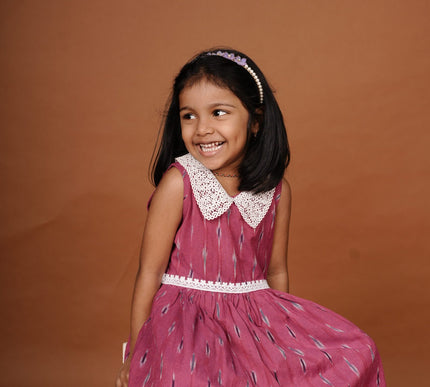 Hot Pink Ikkat Cotton Girls Frock | Sleeveless Dress with Lace Collar