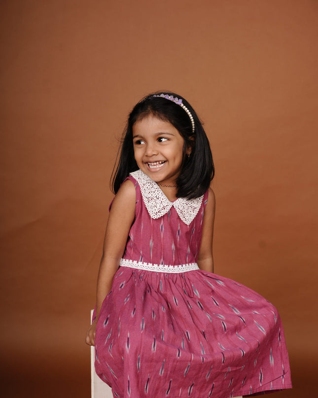 Hot Pink Ikkat Cotton Girls Frock | Sleeveless Dress with Lace Collar