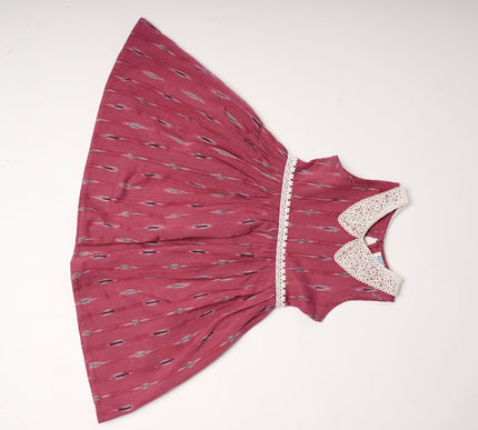 Hot Pink Ikkat Cotton Girls Frock | Sleeveless Dress with Lace Collar
