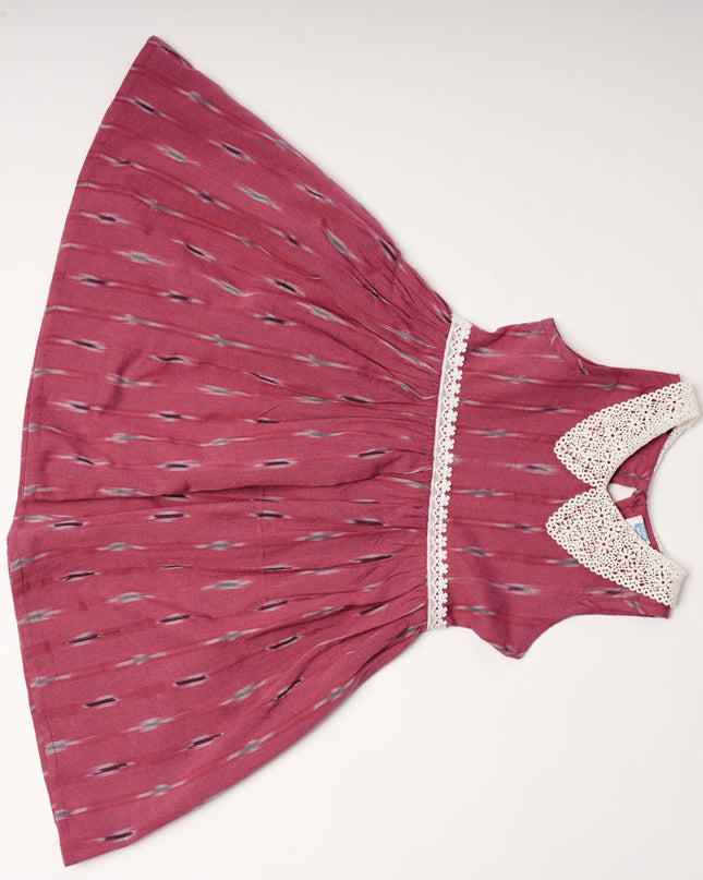 Hot Pink Ikkat Cotton Girls Frock | Sleeveless Dress with Lace Collar