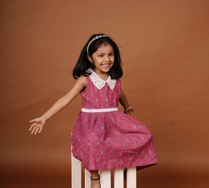 Hot Pink Ikkat Cotton Girls Frock | Sleeveless Dress with Lace Collar