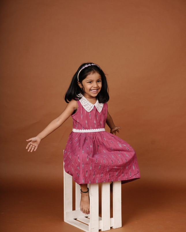 Hot Pink Ikkat Cotton Girls Frock | Sleeveless Dress with Lace Collar