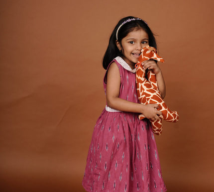 Hot Pink Ikkat Cotton Girls Frock | Sleeveless Dress with Lace Collar