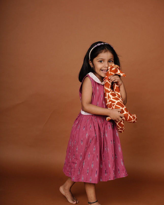 Hot Pink Ikkat Cotton Girls Frock | Sleeveless Dress with Lace Collar