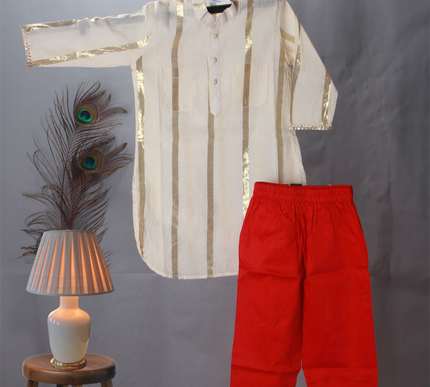 Divit Beige Kurta Set with Red Pajama | Boys Ethnic Wear