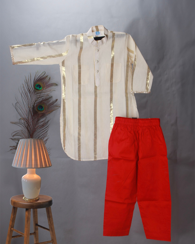 Divit Beige Kurta Set with Red Pajama | Boys Ethnic Wear