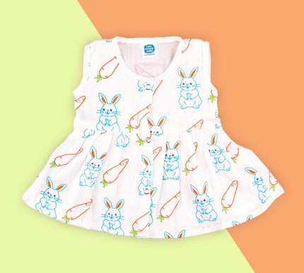 Soft Muslin Pleated Frock for Baby Girls | Front Button Sleeveless Dress | Breathable & Comfortable