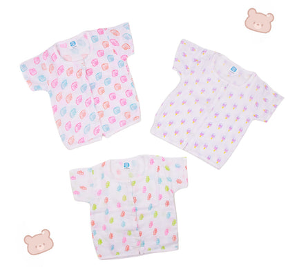 Muslin Cotton Baby Jhabla Set of 3 | Shell, Ice Cream & Bee Prints | Soft & Breathable Half Sleeve Vests