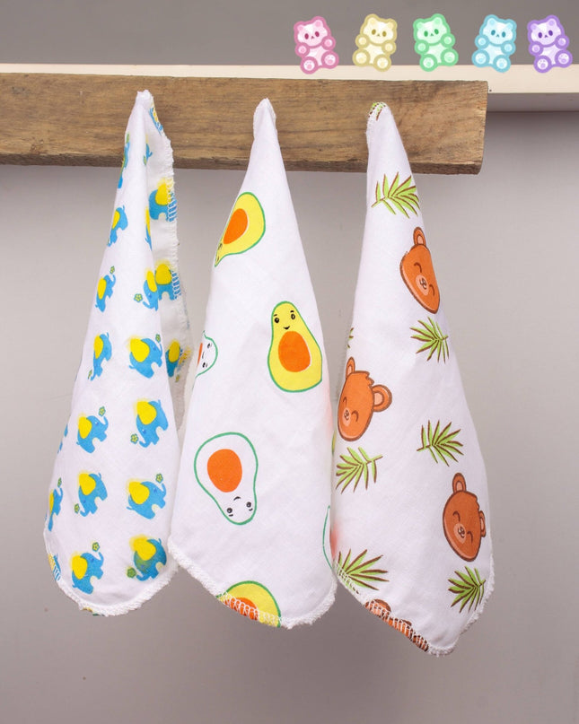 Soft Cotton Muslin Baby Wash Cloths | Elephant, Avocado & Teddy Bear Print | Set of 3