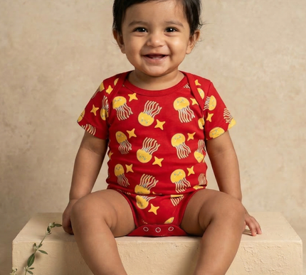 Soft & Comfortable Cotton Onesie | Red with Jellyfish & Starfish Print | Everyday Essential for Babies