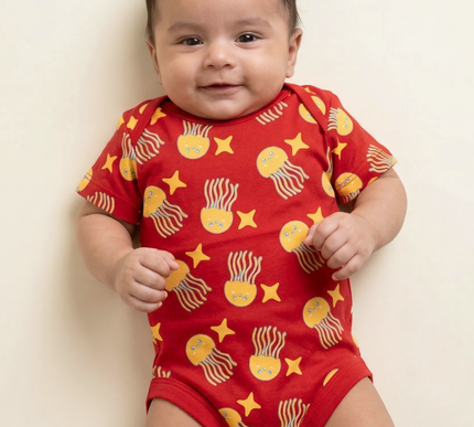 Soft & Comfortable Cotton Onesie | Red with Jellyfish & Starfish Print | Everyday Essential for Babies