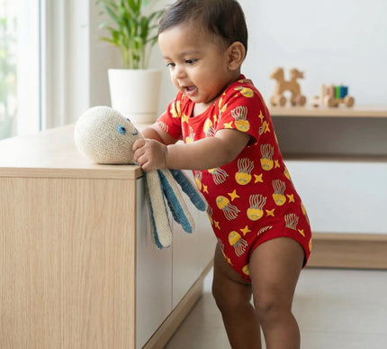 Soft & Comfortable Cotton Onesie | Red with Jellyfish & Starfish Print | Everyday Essential for Babies