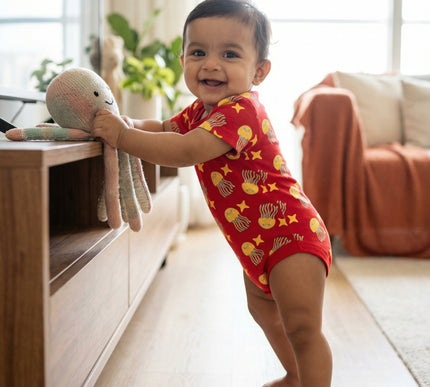 Soft & Comfortable Cotton Onesie | Red with Jellyfish & Starfish Print | Everyday Essential for Babies
