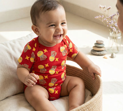 Soft & Comfortable Cotton Onesie | Red with Jellyfish & Starfish Print | Everyday Essential for Babies