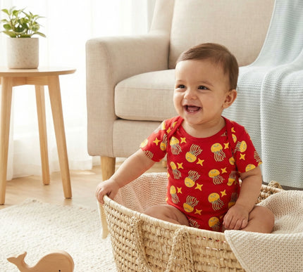 Soft & Comfortable Cotton Onesie | Red with Jellyfish & Starfish Print | Everyday Essential for Babies