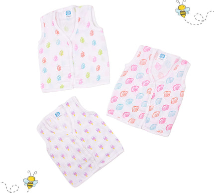 Set of 3 Muslin Cotton Baby Vests | Bee, Shell & Ice Cream Prints | Soft Sleeveless Front-Open Jhablas