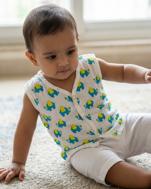 Soft Muslin Cotton Sleeveless Baby Jhabla | Front-Open Infant Jhabla