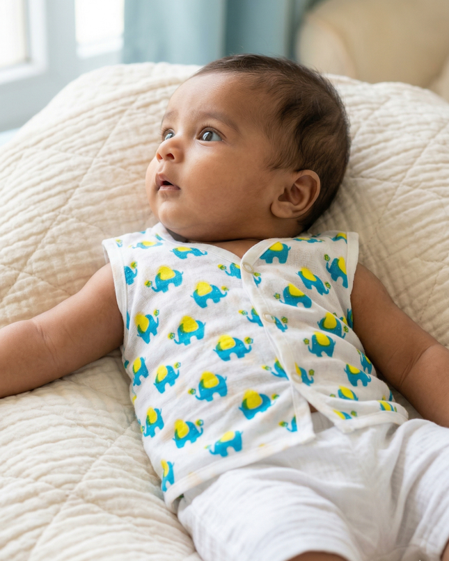 Soft Muslin Cotton Sleeveless Baby Jhabla | Front-Open Infant Jhabla