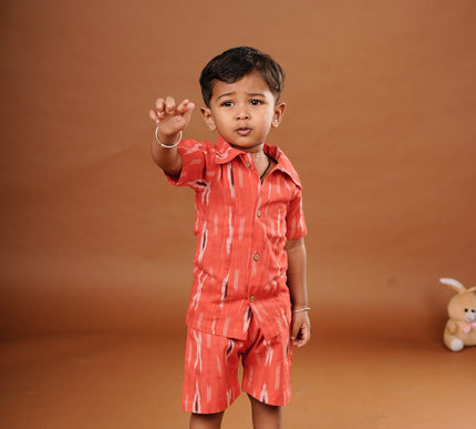 Red Ikkat Cotton Cord Set for Kids | Shirt & Shorts Outfit