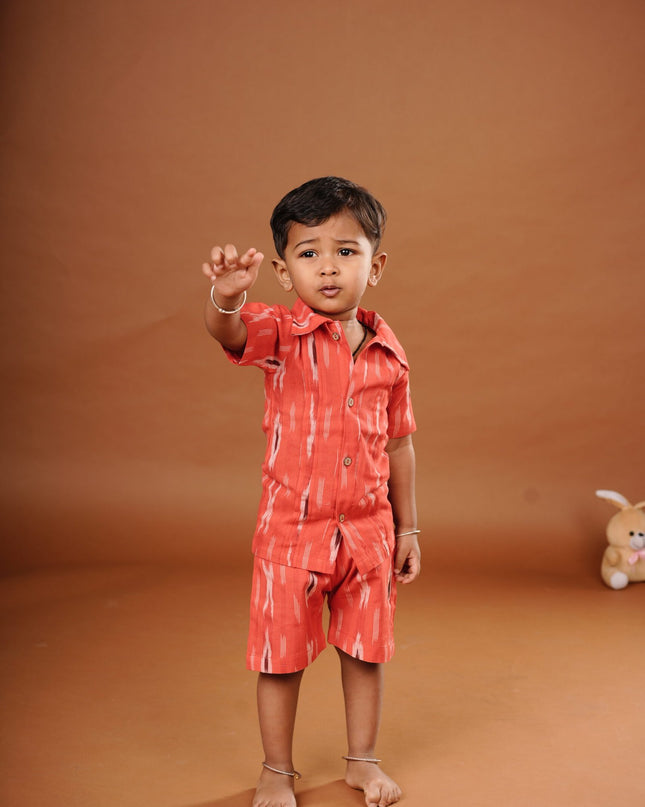 Red Ikkat Cotton Cord Set for Kids | Shirt & Shorts Outfit