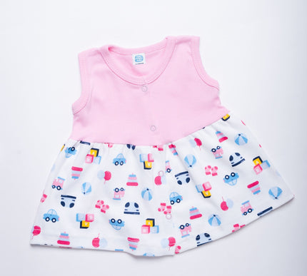 Blush Pink Cotton Frock with Playful Toy Print | Sleeveless Summer Dress for Baby Girls