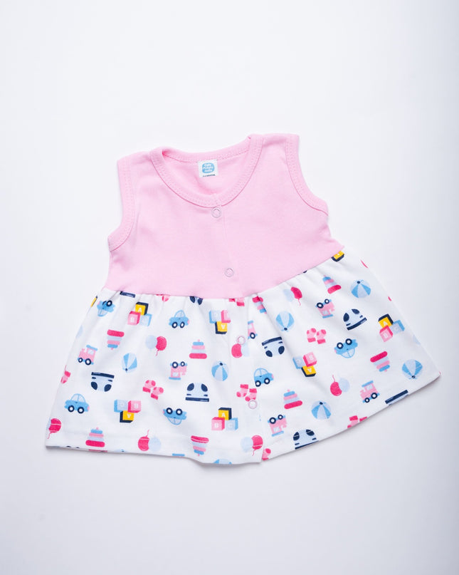 Blush Pink Cotton Frock with Playful Toy Print | Sleeveless Summer Dress for Baby Girls