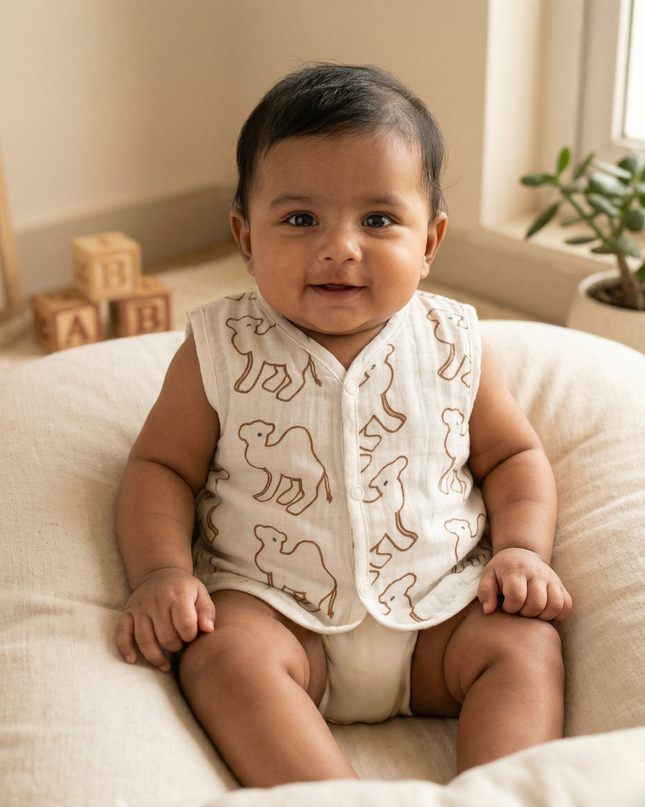 Soft Muslin Cotton Sleeveless Baby Jhabla | Front-Open Infant Jhabla