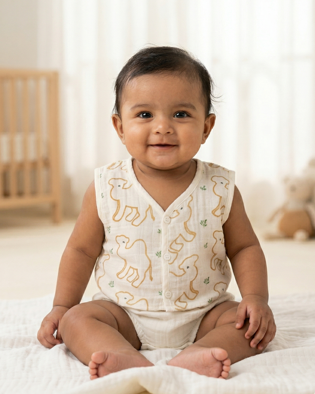 Soft Muslin Cotton Sleeveless Baby Jhabla | Front-Open Infant Jhabla
