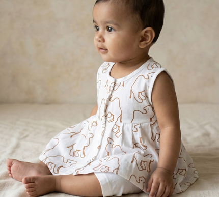 Soft Muslin Pleated Frock for Baby Girls | Front Button Sleeveless Dress | Breathable & Comfortable