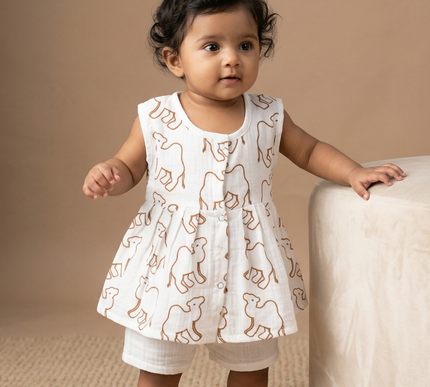 Soft Muslin Pleated Frock for Baby Girls | Front Button Sleeveless Dress | Breathable & Comfortable