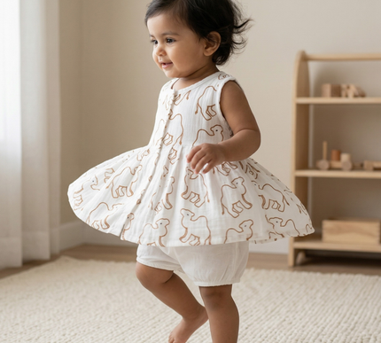 Soft Muslin Pleated Frock for Baby Girls | Front Button Sleeveless Dress | Breathable & Comfortable