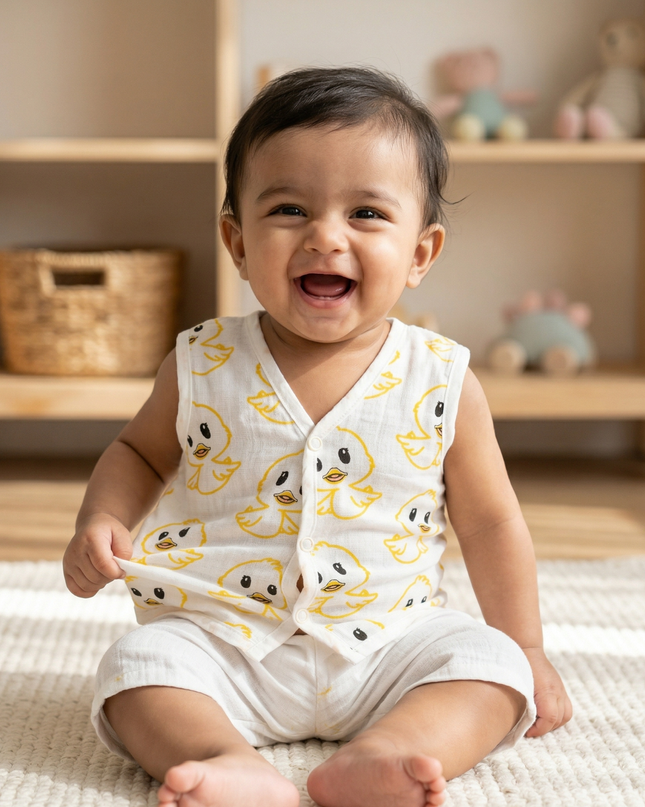 Soft Muslin Cotton Sleeveless Baby Jhabla | Front-Open Infant Jhabla