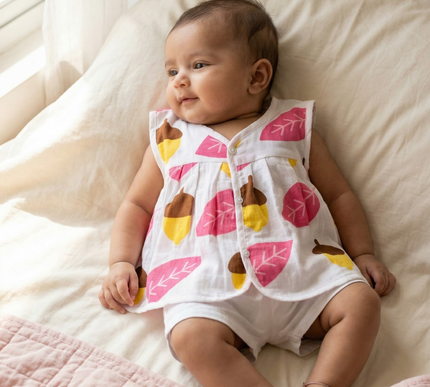 Soft Muslin Flared Frock for Baby Girls | Front Button Sleeveless Dress | Breathable & Comfortable