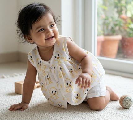 Soft Muslin Flared Frock for Baby Girls | Front Button Sleeveless Dress | Breathable & Comfortable