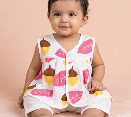 Soft Muslin Flared Frock for Baby Girls | Front Button Sleeveless Dress | Breathable & Comfortable