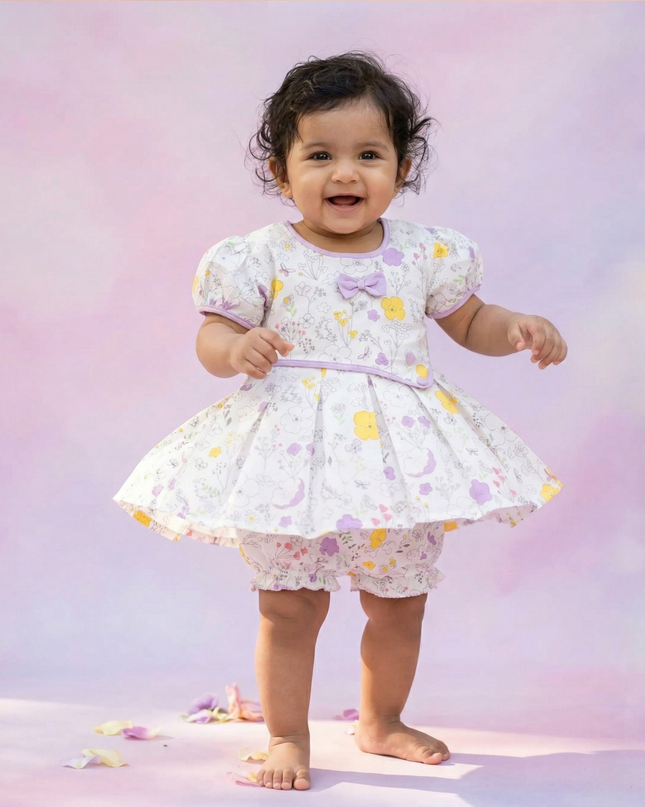 Baby Girl Floral Print Cotton Dress with Matching Bloomers | Puff Sleeve Party Frock