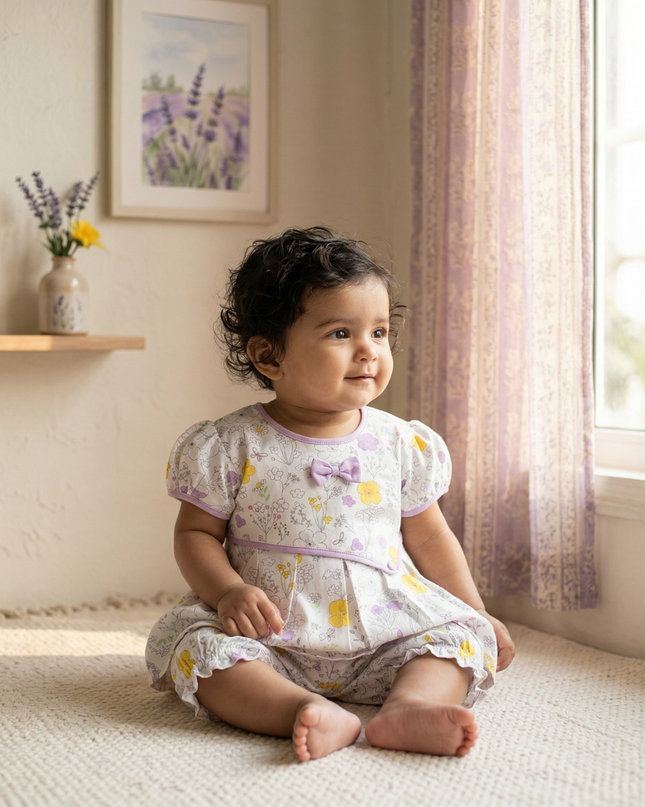 Baby Girl Floral Print Cotton Dress with Matching Bloomers | Puff Sleeve Party Frock